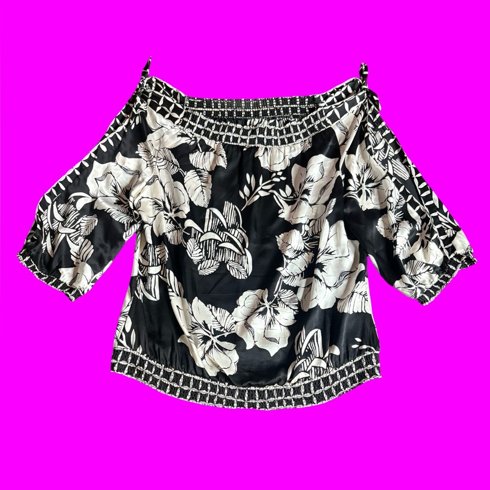 White House Black Market Black and White Floral 100% Silk Blouse Size L